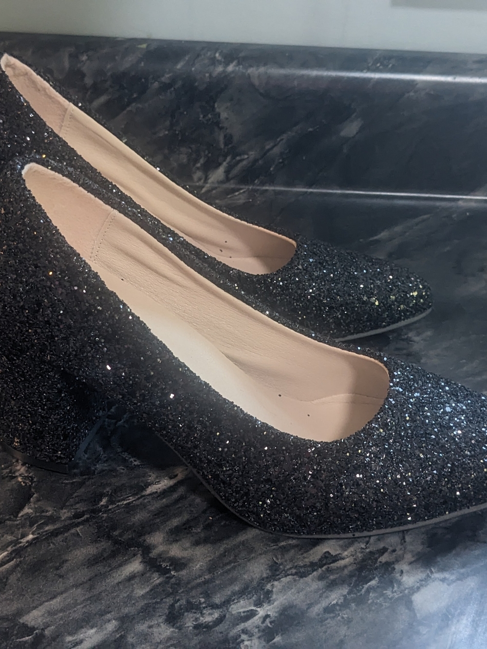 Glitter Black Pointed Toe Women's Wedding Shoes Block Heel 9 New